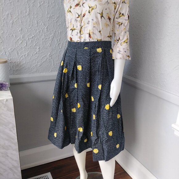 Vintage Skirt Navy Blue with Yellow Flowers - handmade, pleated, flowers - Picture 1 of 7
